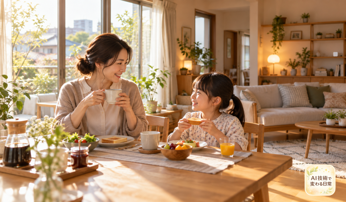 朝のリビングで親子が過ごすスマートホームの利用イメージ